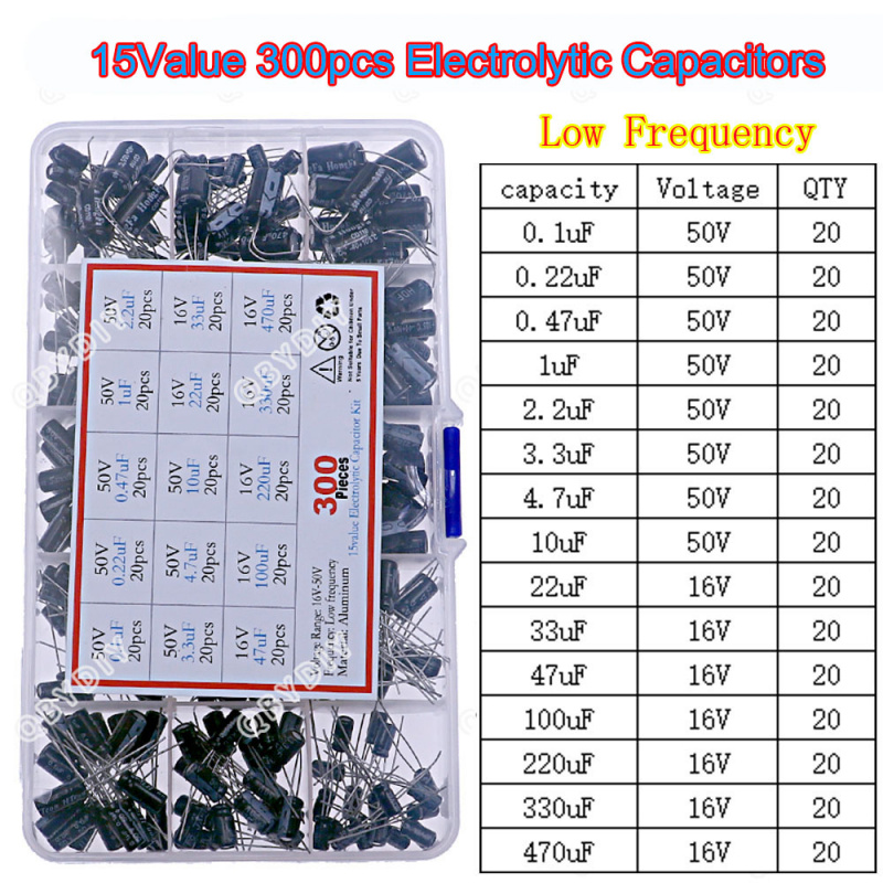 Capacitor Kit Assortment - 300pcs 15 tipos 16V 50V 0,1uf-470uF