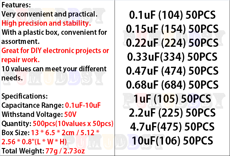 500 pçs/lote 10 valores * 50pc - Capacitor Kit Assortment avaliação e preço